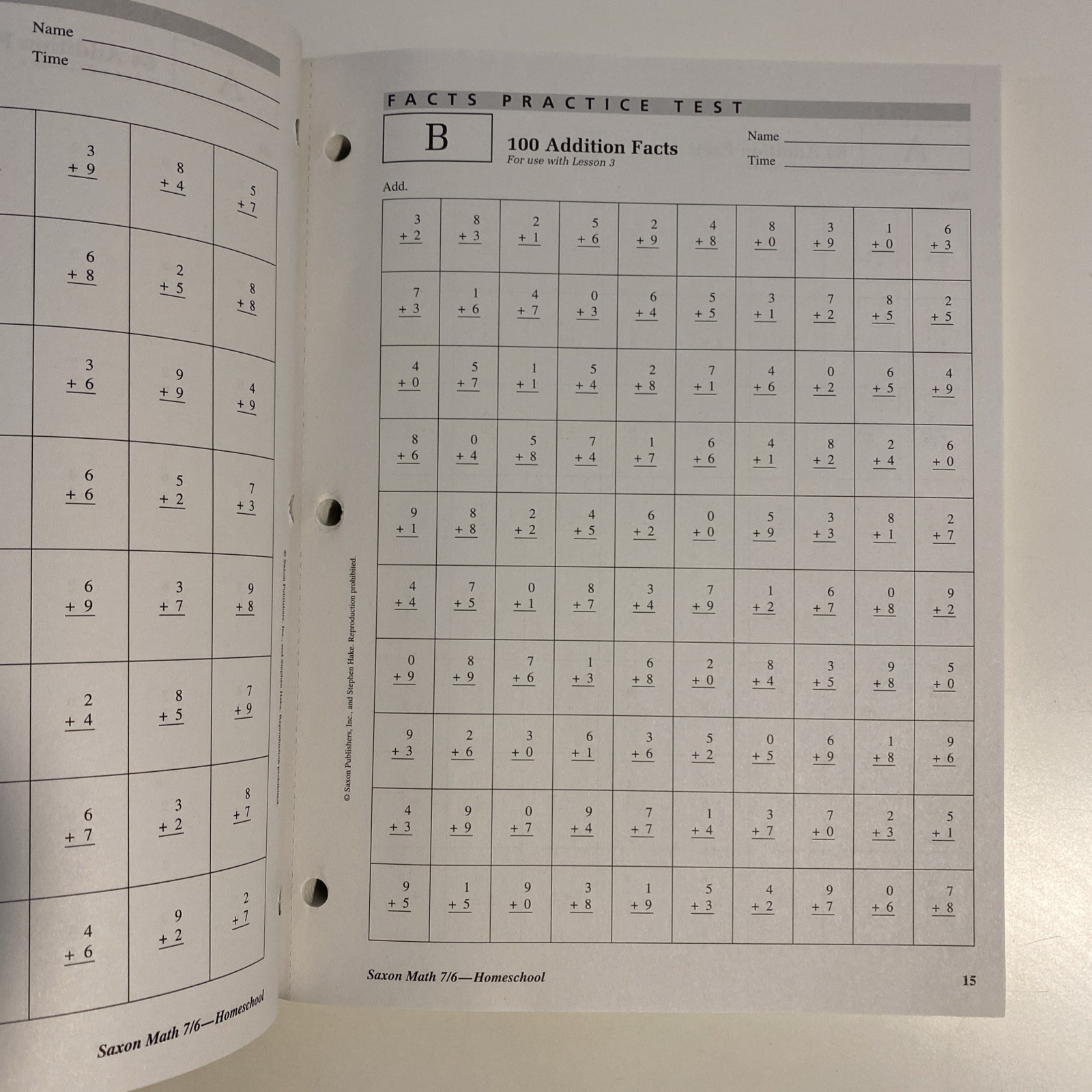Saxon Math 7/6: Tests and Worksheets, No Writing