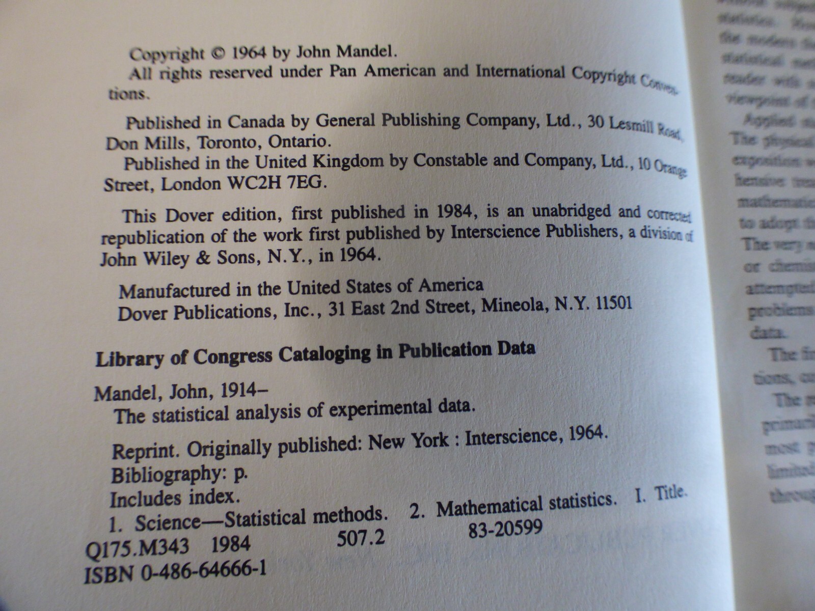 John Mandel – “The statistical analysis of experimental data”; Dover 1984,