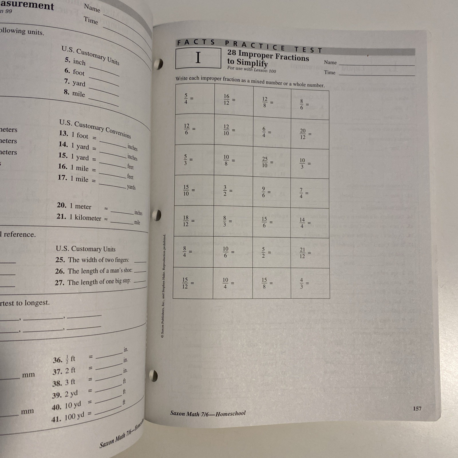 Saxon Math 7/6: Tests and Worksheets, No Writing