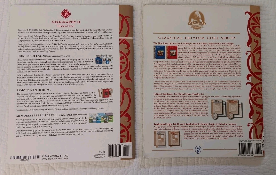 Memoria Press 2 Book Lot, Geography 2 Student Text And Second Form Latin Teacher