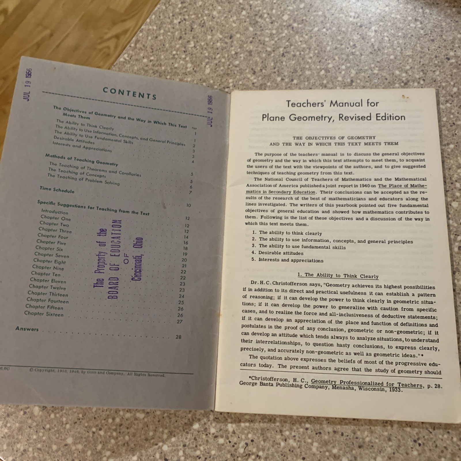 Vintage – Teacher’s Manual and Answer Book For: Ginn Plane Geometry 1953