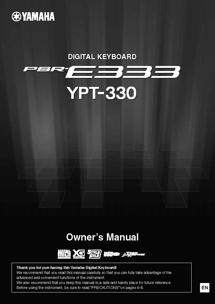 Yamaha PSR-E333 YPT-330 Instruction Manual: 76 Pages & Protective Covers!