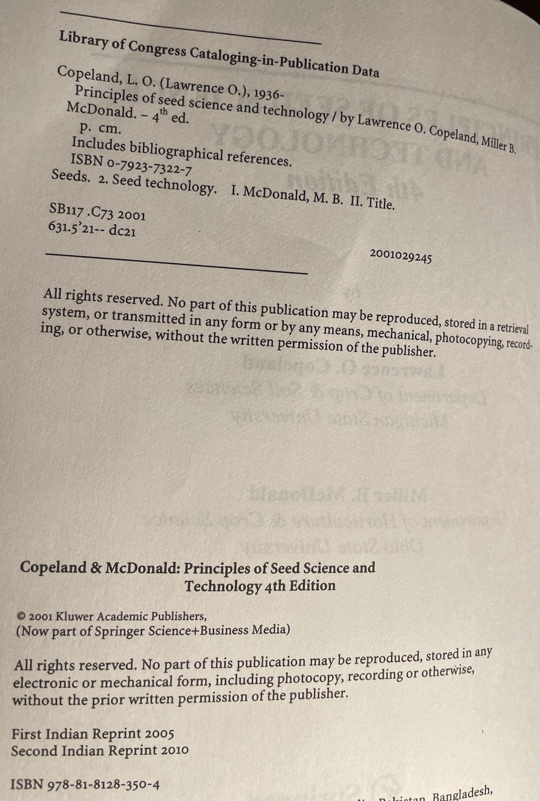 Principles of Seed Science and Technology by Copeland / McDonald 4th Edition HC