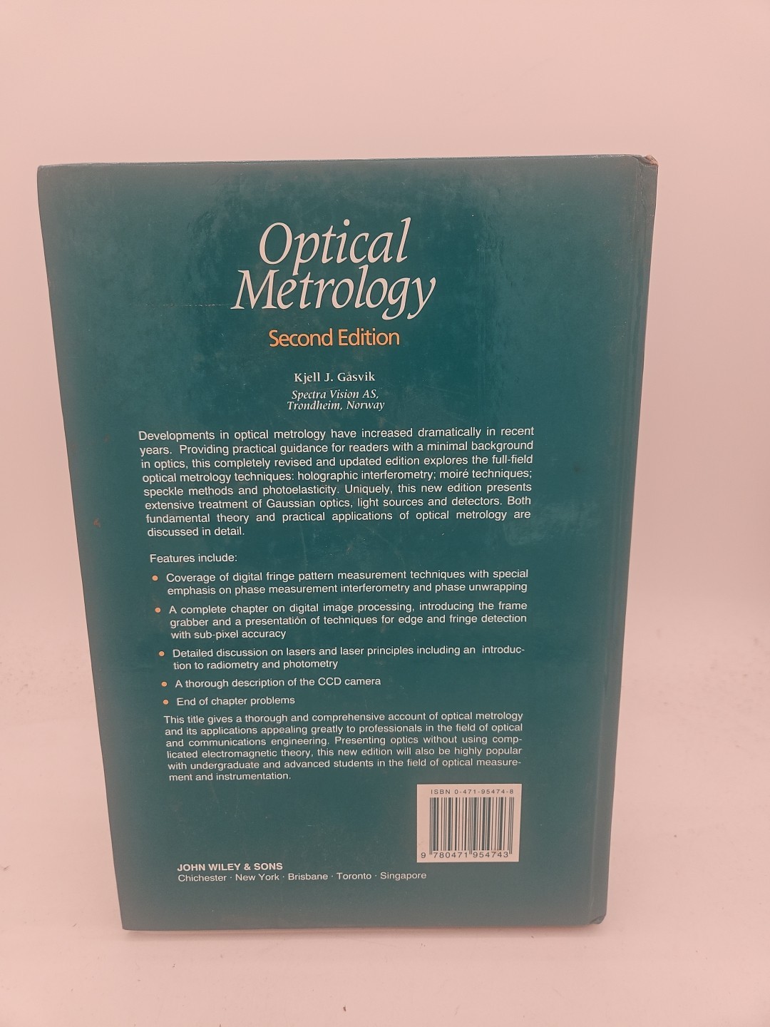 Optical Metrology 2nd Edition by Kjell J Gåsvik Hardcover VG Condition BZ9