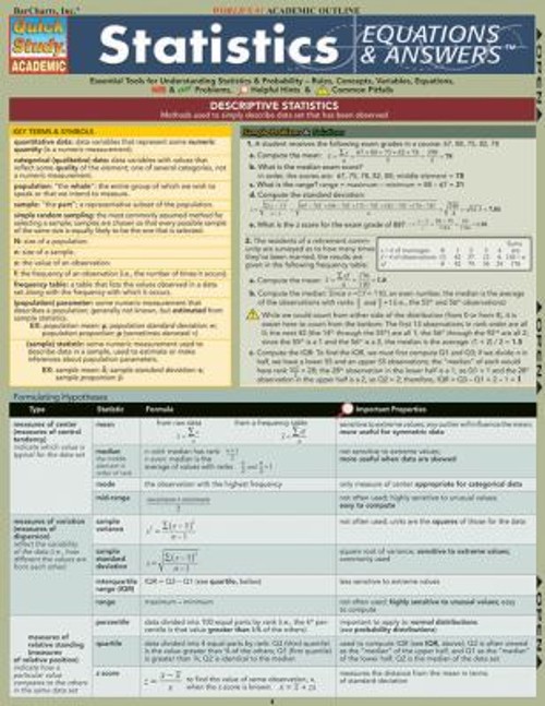 Statistics Equations and Answers : QuickStudy Laminated Reference